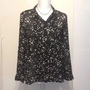 L C  Lauren Conrad Sheer Button Down Butterfly Print Dressy Long Sleeves Top  XS